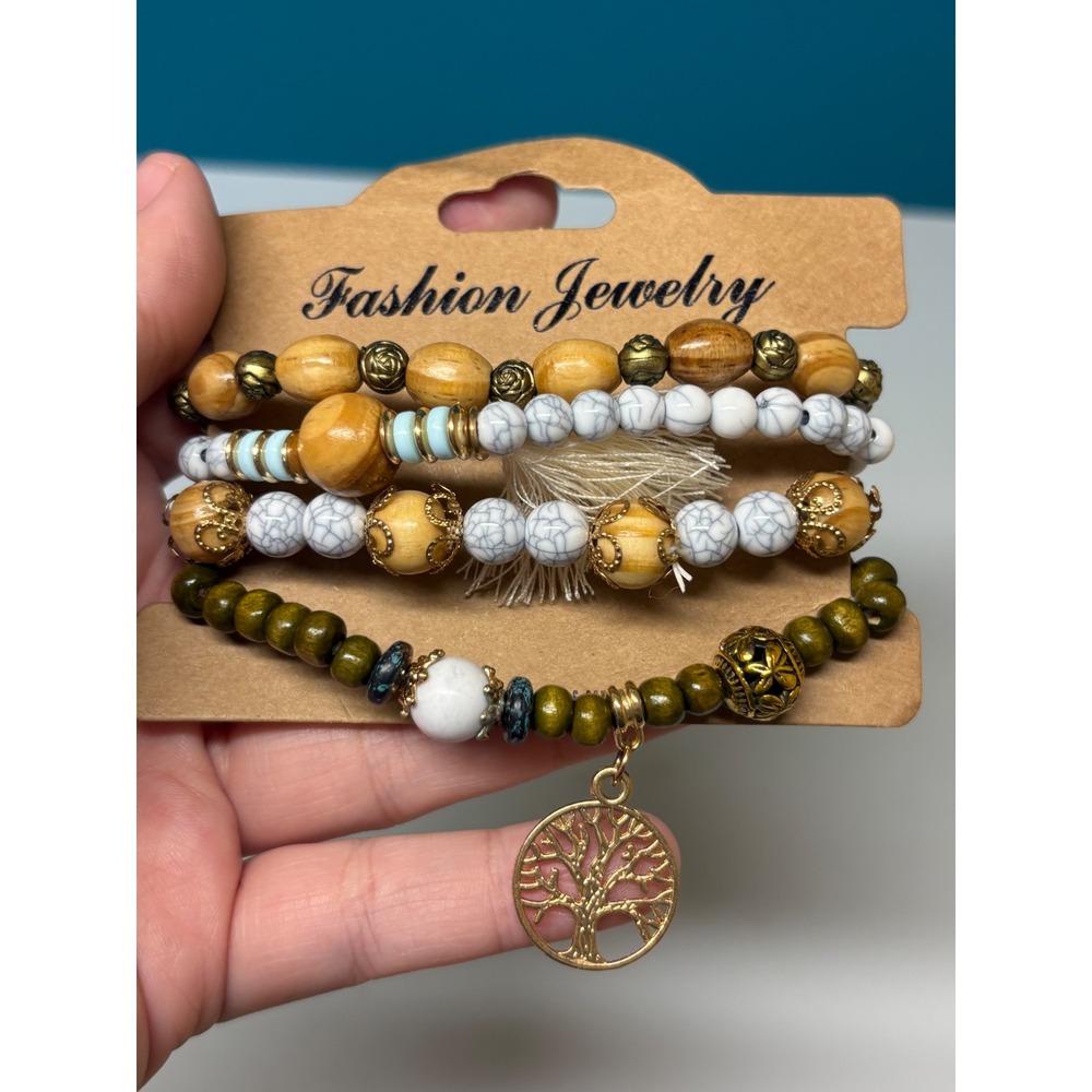 Fashion Jewelry Boho 4 Piece Stretch Bracelet Set Tree of Life Wood Howlite Bead